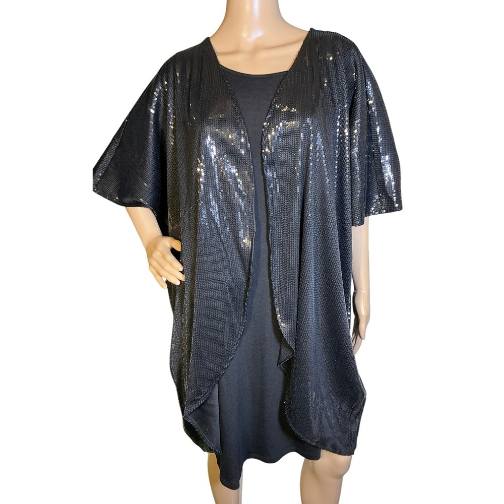 Women's Sequin Kimono Cardigan Black Open Front Short Sleeve Elegant Glam XL